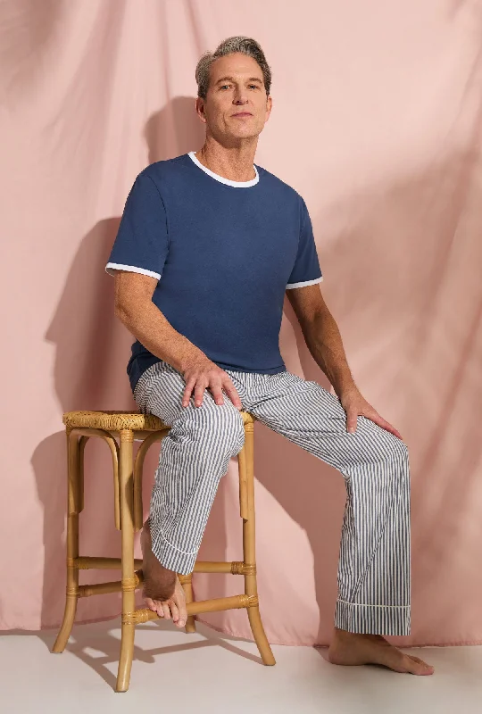 Weekend Discounts to Snag Blue South Shore Stripe Men's Short Sleeve Tee Woven Cotton Poplin PJ Set
