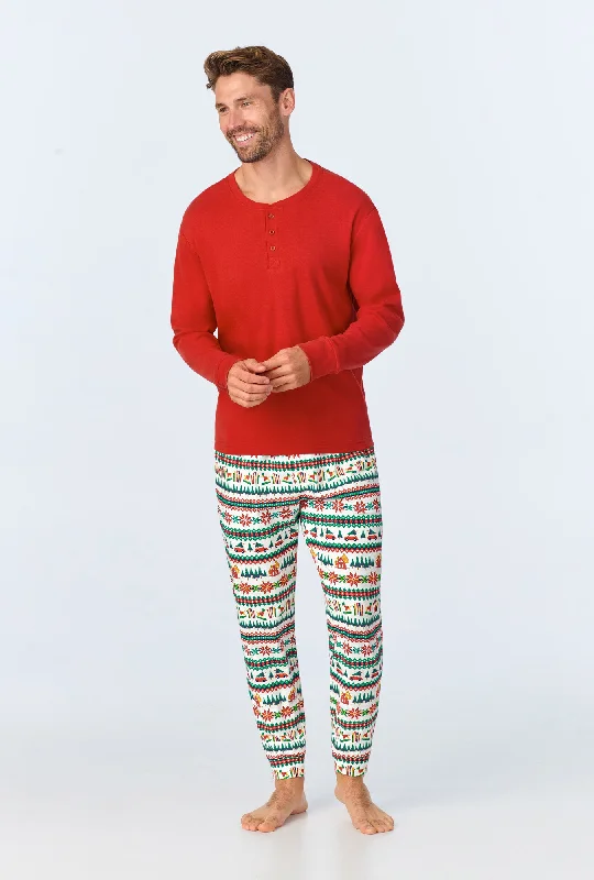 Markdown Sale Festive Fairisle Men's Long Sleeve Henley and Jogger Stretch Jersey PJ Set Markdown Sale Festive Fairisle Men's Long Sleeve Henley and Jogger Stretch Jersey PJ Set