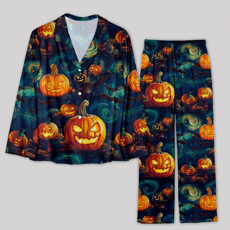 Epic Value Halloween Pumpkin Lantern Van Gogh Style Pajamas Set