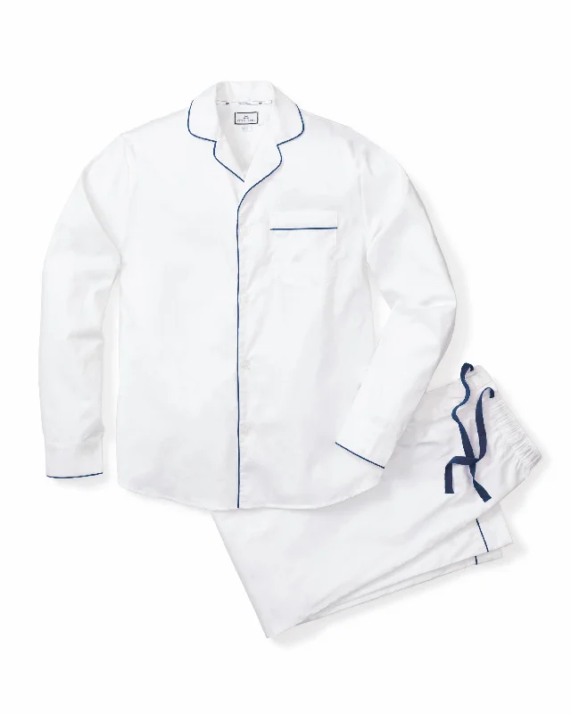 Instant Deal Men's Twill Pajama Set in White with Navy Piping