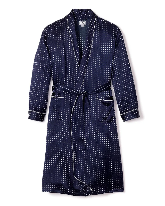 Weekend Bargains Galore Men's Silk Long Robe in Navy Polka Dot