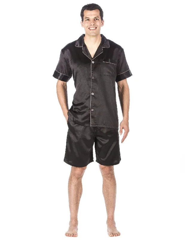 Discount Mania Men's Premium Satin Short Pajama Set - Solid Black