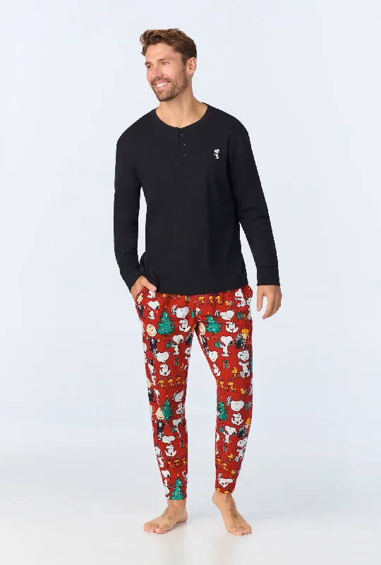 Crazy Deal Peanuts Festive Fun Men's Long Sleeve Henley and Jogger Stretch Jersey PJ Set Crazy Deal Peanuts Festive Fun Men's Long Sleeve Henley and Jogger Stretch Jersey PJ Set