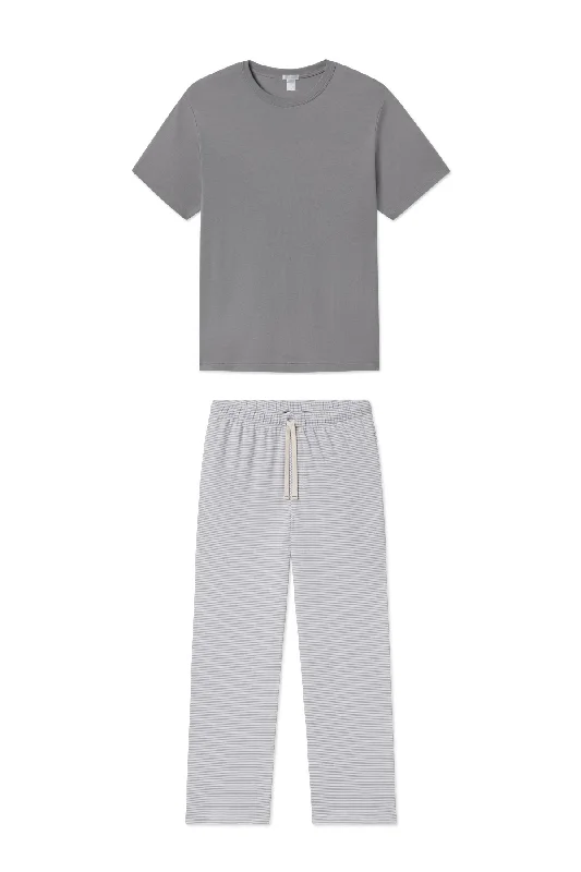 New Arrival Men's Pima Sleep Short-Long Set in Slate Bar Stripe