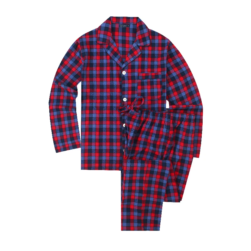 Weekend Discounts to Savor Mens Pajamas Set - 100% Cotton Flannel Pajamas for Men - Gradient Plaid Red-Blue
