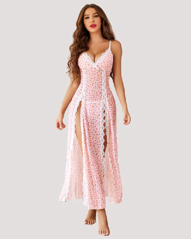 Crazy Savings Lace Mesh V Neck Side Split Nightgowns
