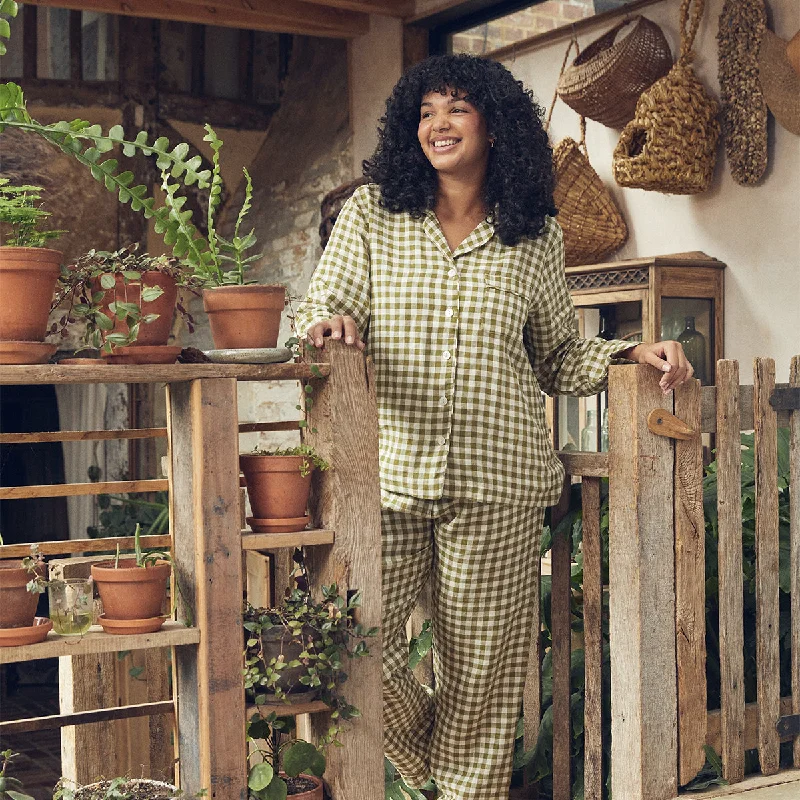 Super Bargain Botanical Green Gingham Linen Pajama Set