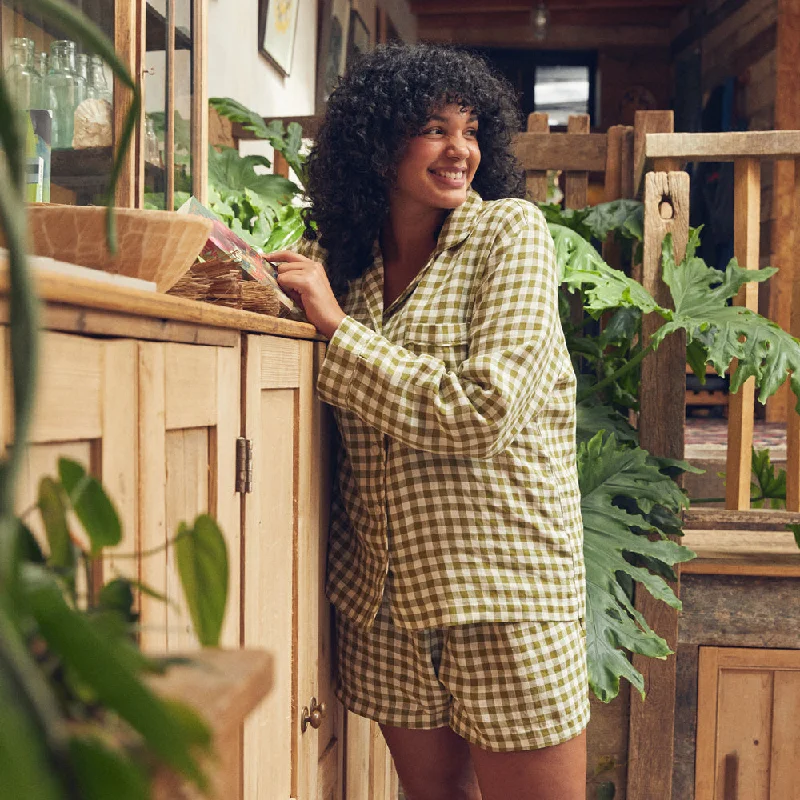 Today's Deal Botanical Green Gingham Linen Pajama Shorts Set