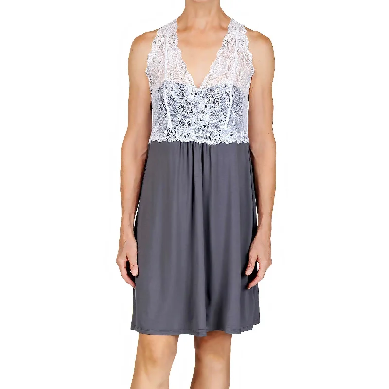 Cash Savings Catarina Knit Chemise Nightgown - Charcoal with White Lace