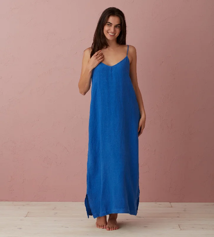 Quick Deals Cobalt Blue Willa 100% Linen Long Cami Nightie