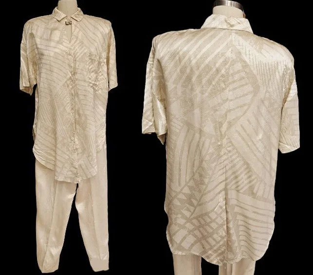 Weekend Savings Bonanza VINTAGE BLONDIE & ME SILKY SLIPPERY SATIN LOUNGING OUTFIT / PAJAMAS IN IVORY SHADES - LIKE NEW!