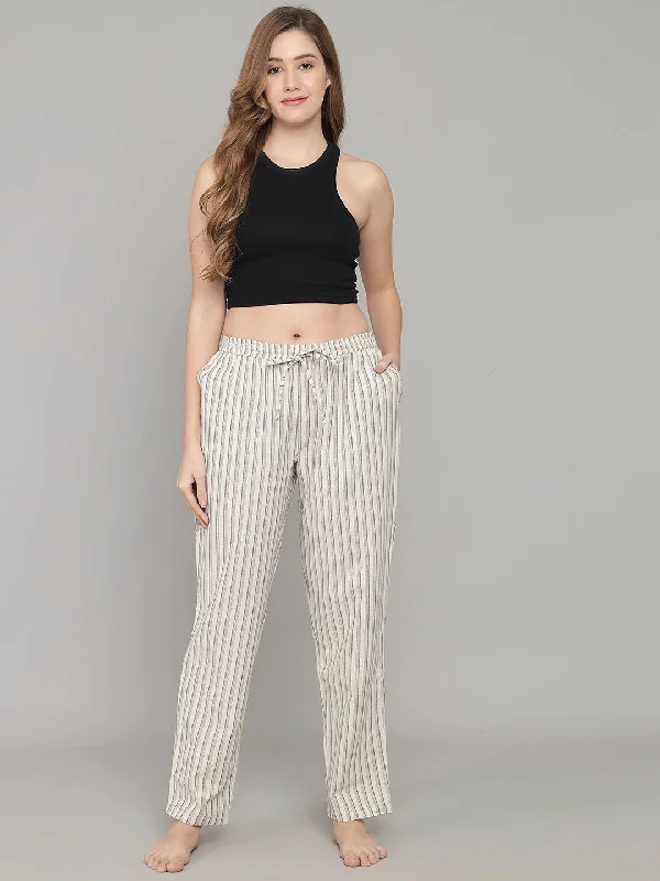 New Arrival Gray and Offwhite Cotton Stripe Women's Pyjama