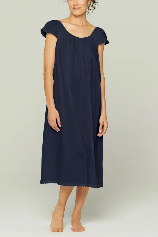 Weekend Offers That Tempt Long Cotton Nightgown with Flower Trim - Royal Navy