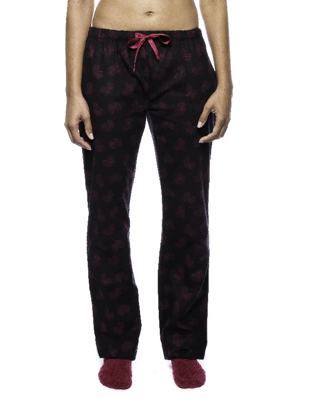 Weekend Wonders Await! Womens Premium 100% Cotton Flannel Lounge Pants - Hearts Black/Red