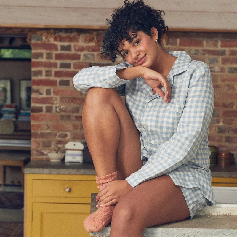 Now or Never Warm Blue Gingham Linen Pajama Shorts Set