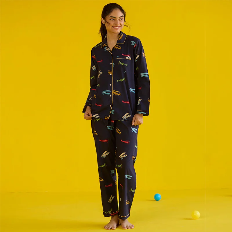 Weekend Discounts You Deserve Women Vintage Planes Navy Pajama Set