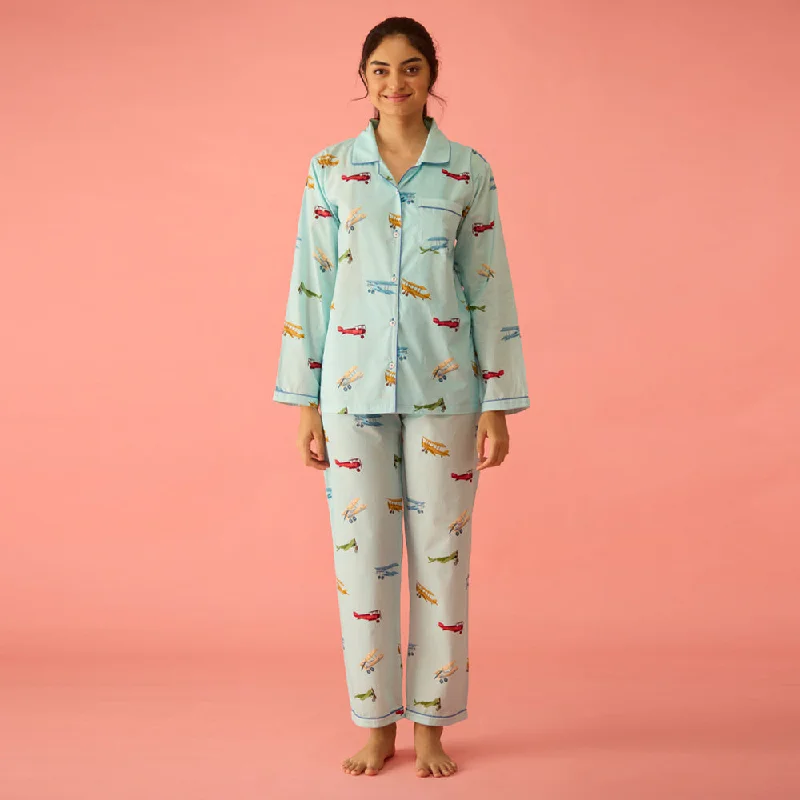 Weekend Bargains Galore Women Vintage Planes Sky Blue Pajama Set
