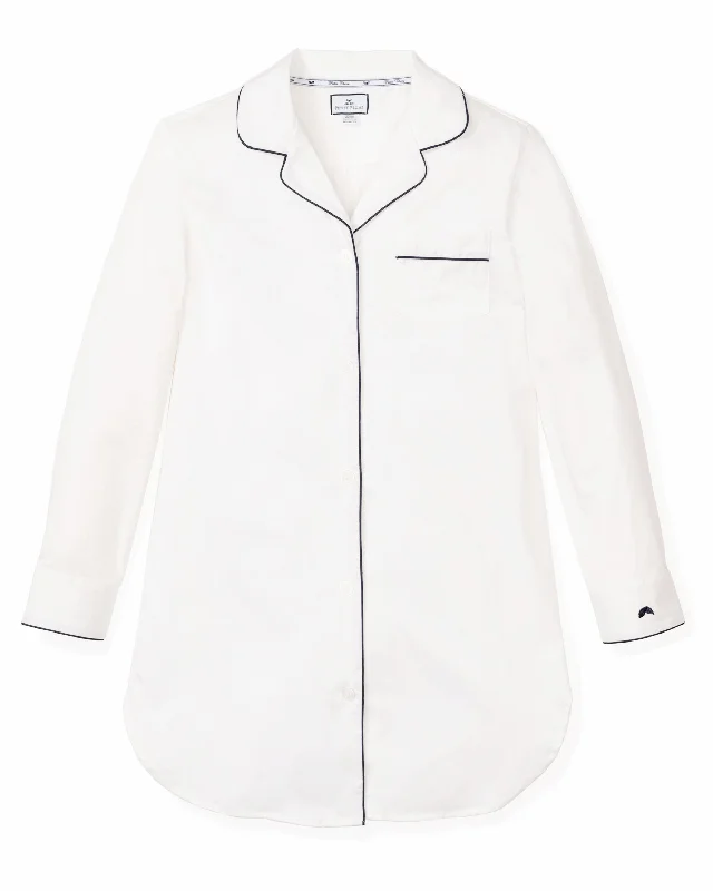 Exclusive Deal Women's Twill Nightshirt in White with Navy Piping