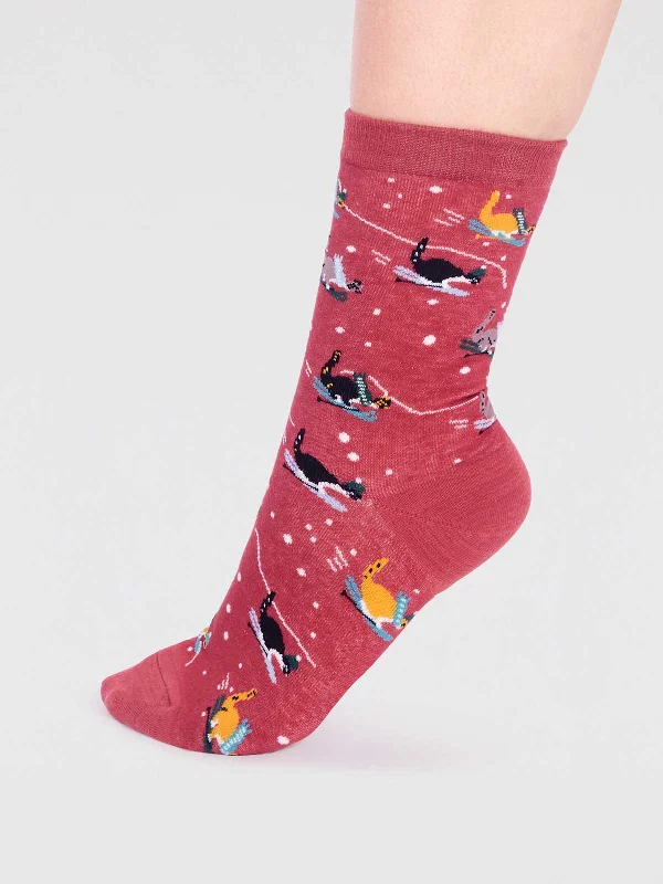 New Arrival Amaryllis Organic Cotton Skiing Cat Sock - Brick Red