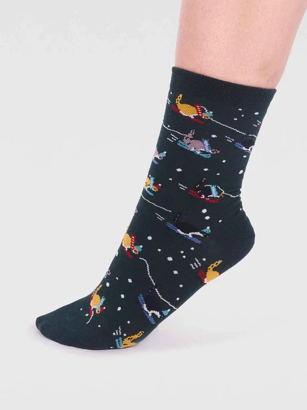 Mega Sale Amaryllis Organic Cotton Skiing Cat Sock - Forest Green