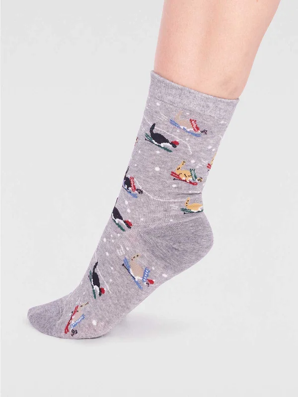 Quick Deals Amaryllis Organic Cotton Skiing Cat Sock - Grey Marle