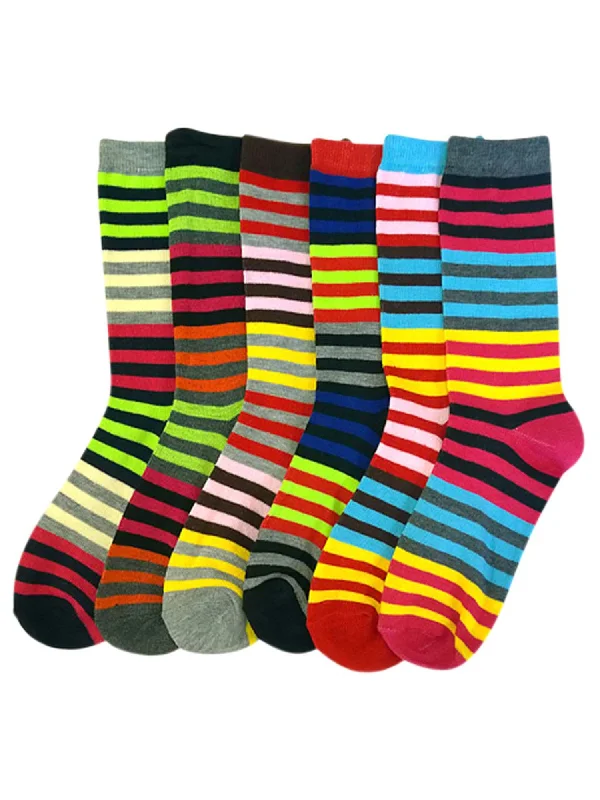 Weekend Savings Delight Bright & Colorful Striped Womens 6 Pack Assorted Crew Socks