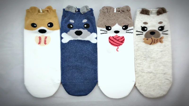 Midnight Sale Cats and Dogs, 4 Pairs Cute Animal Print Women Ankle Socks