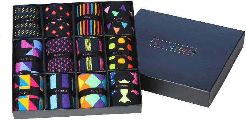 Instant Savings Colorfut Men's 12 Pairs Soft Cotton Blend Colorful Funky Gift Box Dress Socks