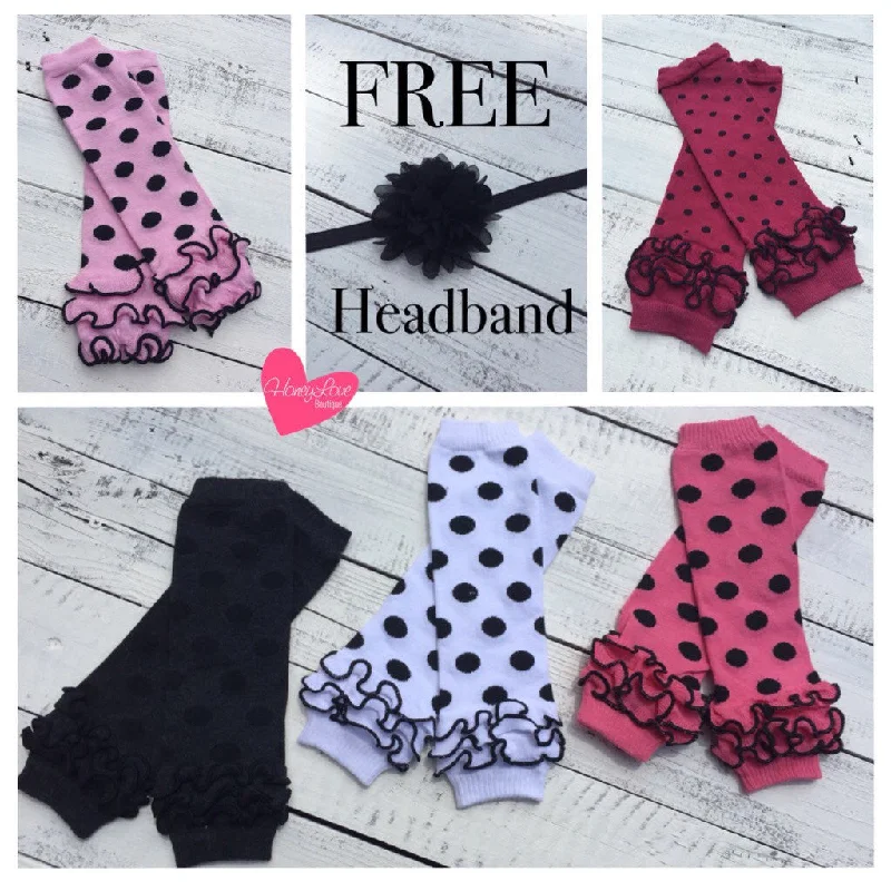 Weekend Deals That Please FREE HEADBAND - Black polka dot leg warmers