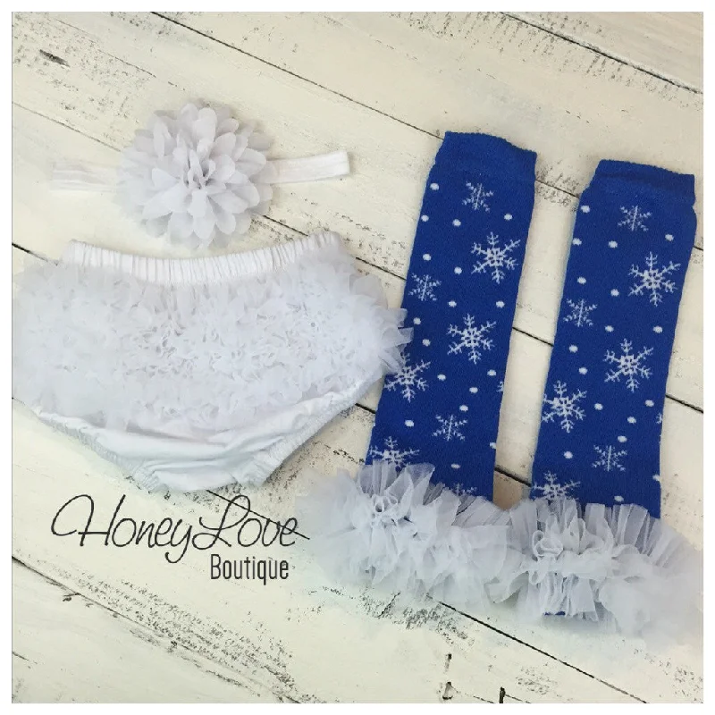 Price Slash Leg Warmers - Blue Snowflakes, matching flower headband and bloomers