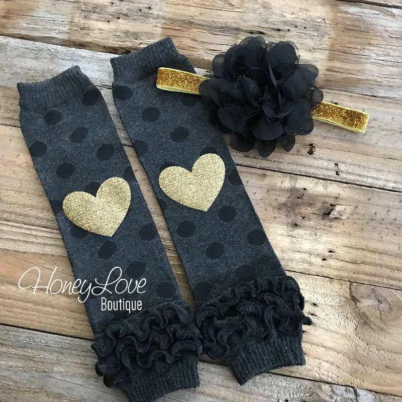 Crazy Savings Gray/Black Polka Dot Leg Warmers with Gold Glitter Heart and matching headband