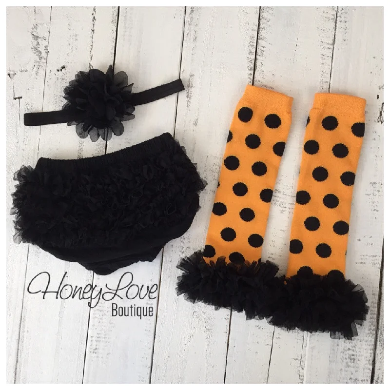 Instant Savings Halloween Set - Orange and black polka dot leg warmers - black ruffle bloomer - matching flower headband