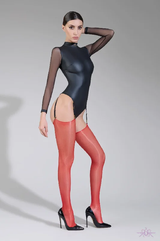 Weekend Steals Await Maison Close Sheer Cut and Curled Glossy Red Stockings
