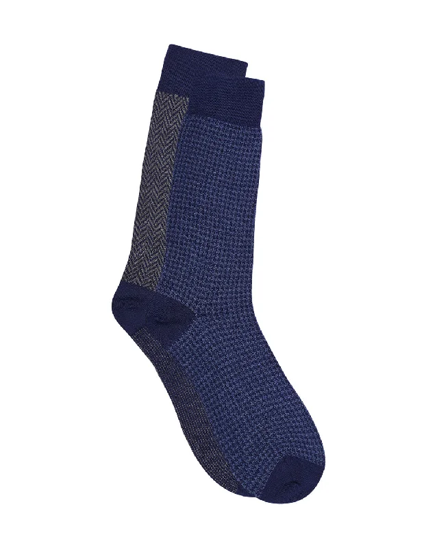Unbeatable Deal Men’s Luxury Houndstooth & Herringbone Crew Socks | Navy & Blue | Pack of 2