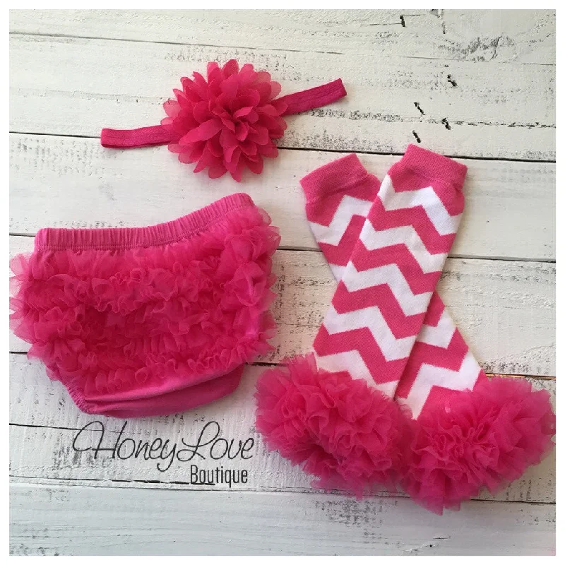 Low Cost Hot Pink and White Chevron leg warmer, bloomer and headband set