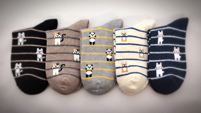 Now Available Hang in There, 5 Pairs Cute Animal Print Women Crew Socks