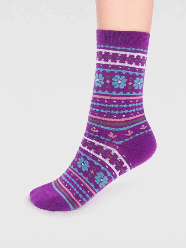 New Deal Waverly Organic Cotton Pattern Socks - Deep Purple